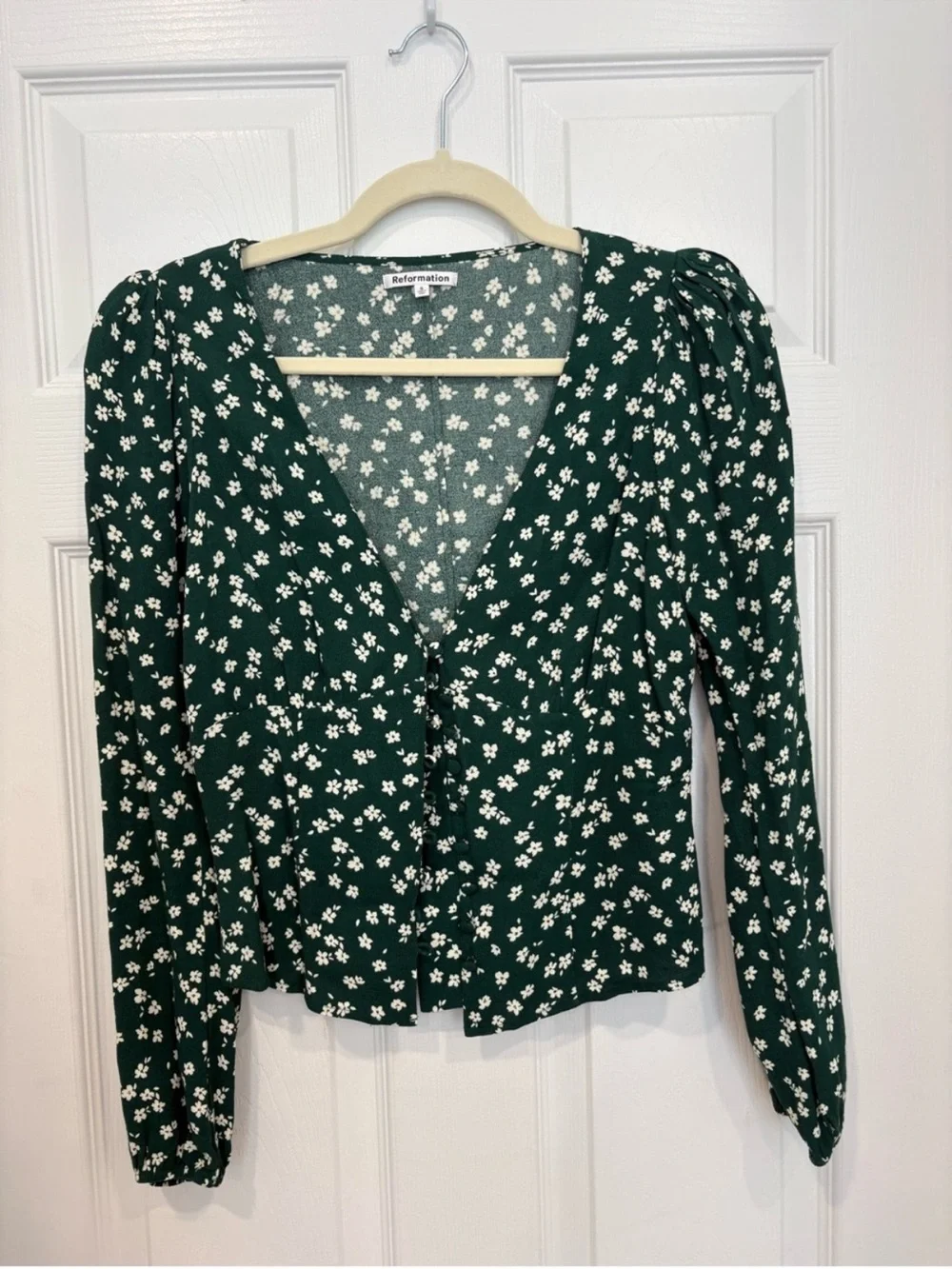 Reformation Forest Green Floral V-Neck Long Sleeve Top